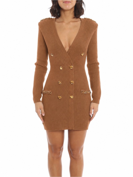 elisabetta franchi Dresses & Skirts - ELISABETTA FRANCHI CAMEL DOUBLE BREASTED SWEATER MINI DRESS GOLD HARDWARE SMALL